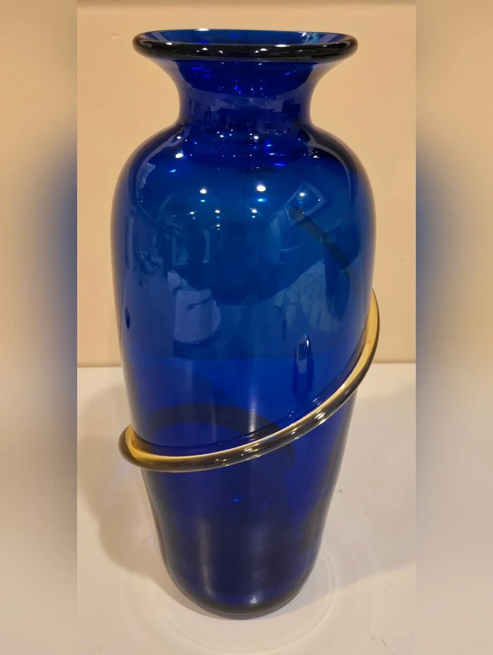 Signed Richard Blenko Cobalt Blue Glass Vase with Amber Spiral Accent